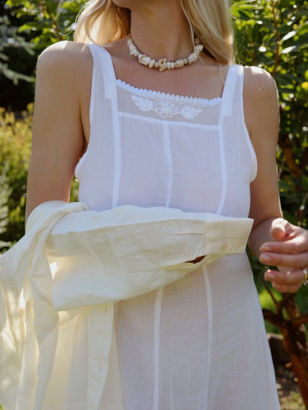 Shop Sani / Dawn Dress / White Sleeveless Midi Linen Slip Dress with Lace Yoke